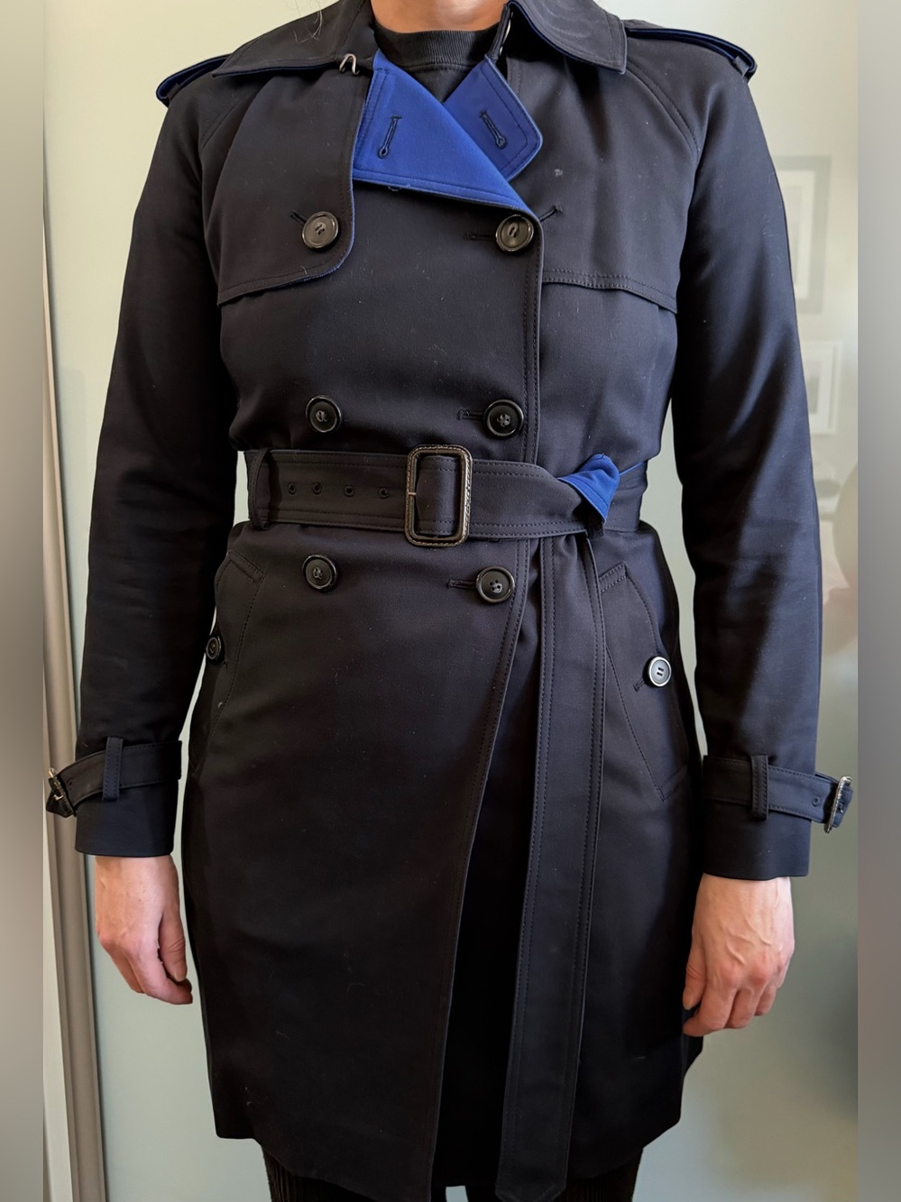 Club Monaco Navy Trench Coat with Blue Lining Detail